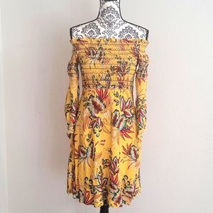 🌻 Farm Rio Anthropologie Smocked Dress Yellow  Mini Off The Shoulder.